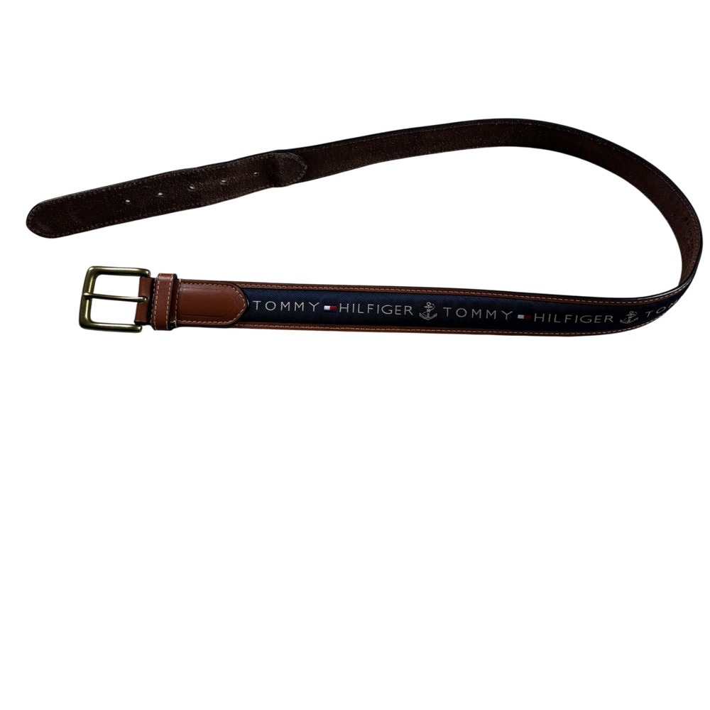 Tommy Hilfiger Mens Brown Leather Navy Ribbon Anchor Belt Size 34 Brass Buckle